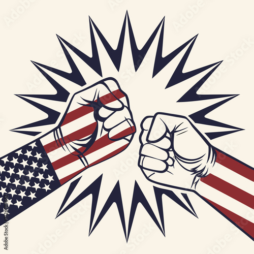 Fists in the shape of flags (US and trading partners) clashing against an explosive backdrop.