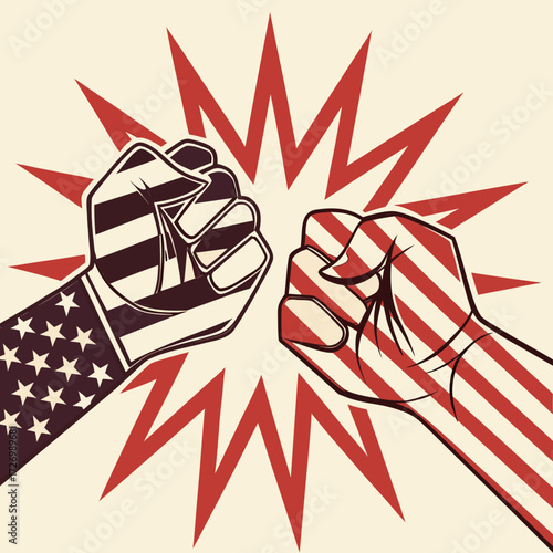 Fists in the shape of flags (US and trading partners) clashing against an explosive backdrop.