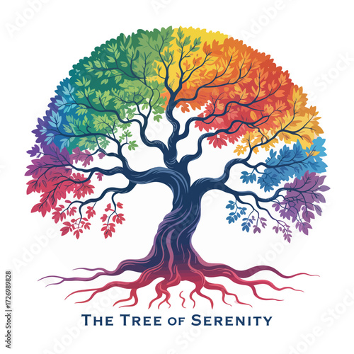 Vibrant rainbow colored tree of life illustration with intricate branches and roots. An isolated vector graphic symbolizing growth and diversity