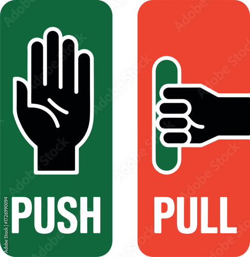 Green push sign with hand icon red pull sign with hand icon door vector