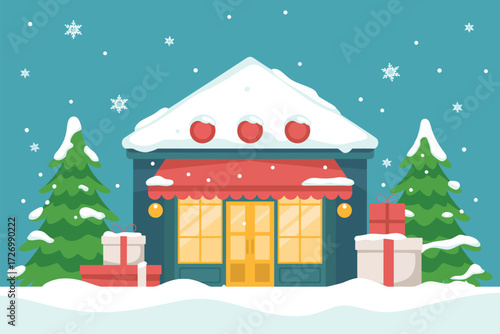 A charming local storefront decorated for the holidays, nestled in a snowy winter landscape with festive trees and gift boxes