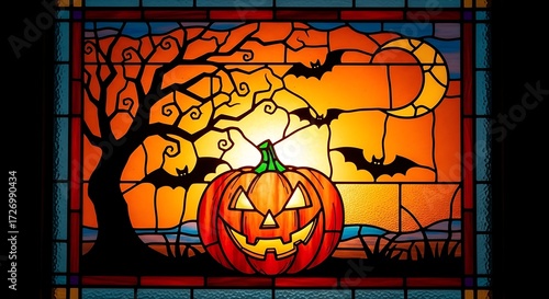 Stained glass halloween scene with pumpkin bats tree and moon in orange hues