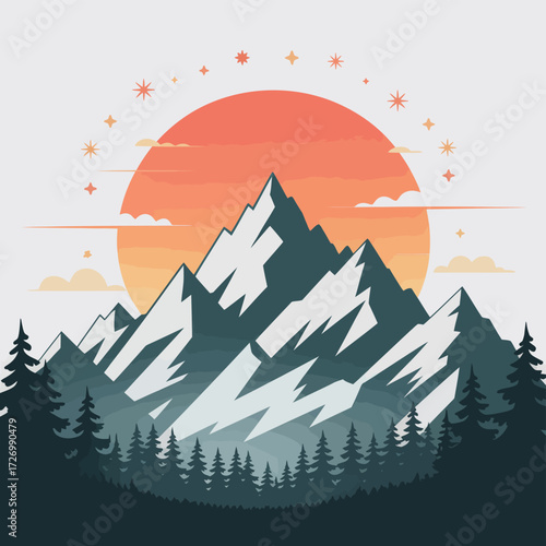 Majestic mountain range bathed in the warm glow of a rising sun, with silhouetted pine trees framing the scene