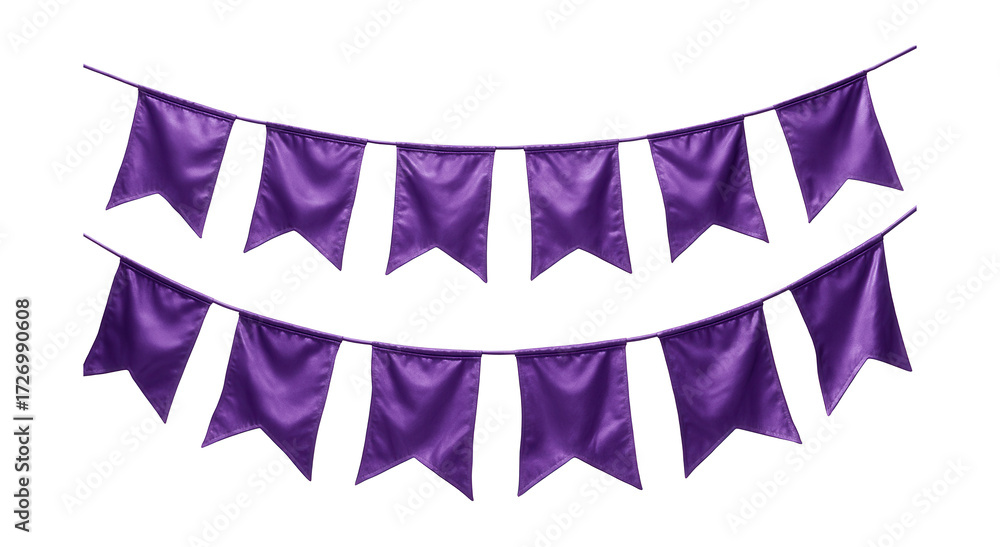 Obraz premium Two strings of hanging purple party flags creating a festive atmosphere.