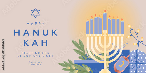 Happy Hanukkah festive banner with Menorah, blue candles, olive branches, dreidel, garland lights and wrapped gift boxes. Holiday greeting card background for Jewish celebration. Vector illustration