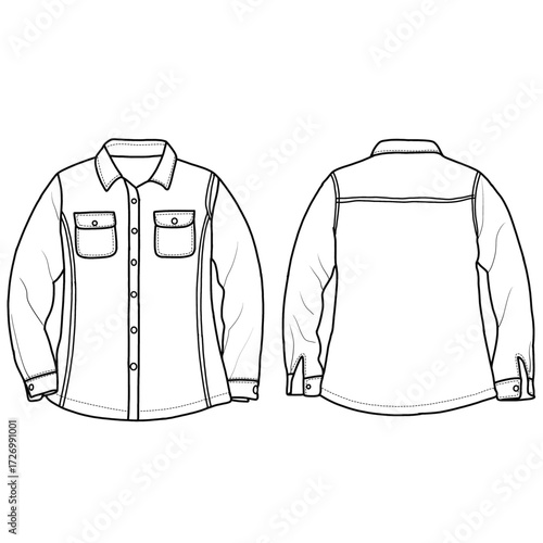 Women's flannel denim, a black and white technical flat drawing of a long-sleeved button-up shirt. This fashion illustration shows the front and back views, detailing the collar, pockets, and seams.