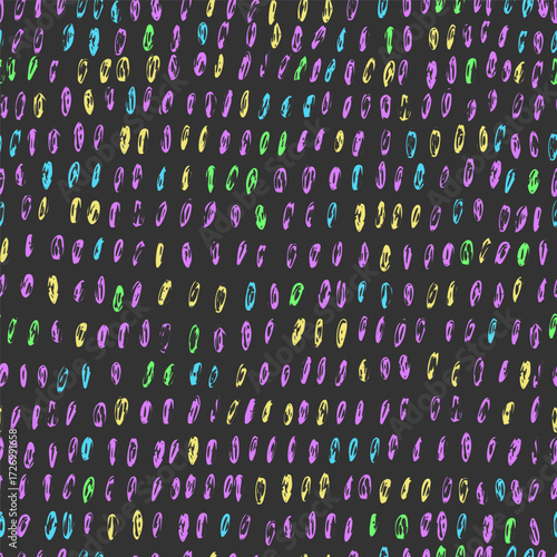 Hand drawn ink doodle naive style seamless pattern with colorful oval shapes. Simple geometric background for cute design.