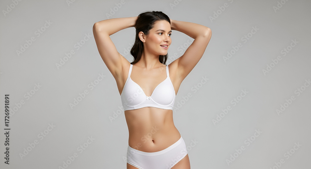 Fototapeta premium Smiling woman in white lingerie embracing her body, feeling confident and healthy, perfect for wellness and body positivity campaigns
