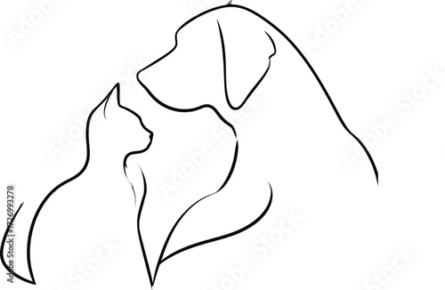 Black silhouette of a dog and cat cuddling or leaning together in a loving pose, simp 