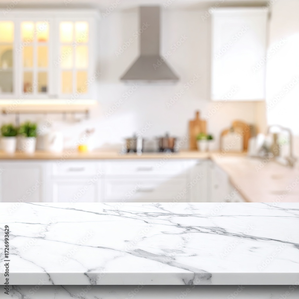 Fototapeta premium Blurry white kitchen with marble countertop
