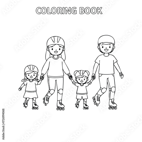 A family of four enjoys roller skating together, showcasing joy and togetherness in a playful setting.