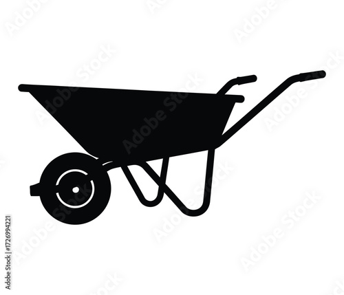 Silhouette of a wheelbarrow with a large bucket and a single wheel for gardening work and hauling materials