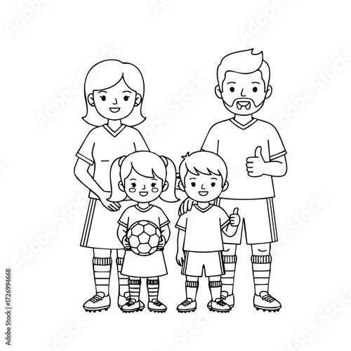 A cheerful family poses together in sports attire, showcasing their love for soccer with a ball and smiles.
