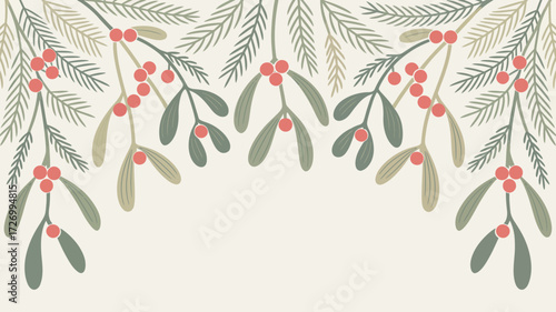 Illustration of mistletoe and pine branches with red berries on a cream colored background top border