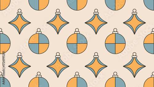 Seamless pattern of christmas ornaments in blue and orange on a cream colored background repeats nicely