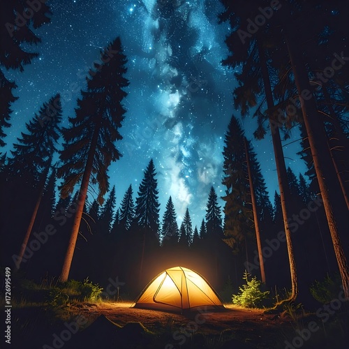 Illuminated tent under a starry night sky