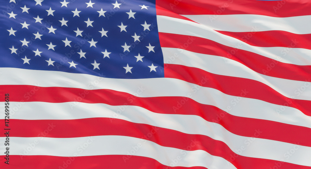 Fototapeta premium Waving American flag with vibrant red stripes and crisp white stars against a clear blue sky, symbolizing freedom and patriotism.