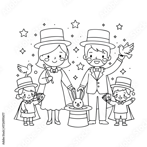 A whimsical family of magicians performing tricks with a rabbit and doves, surrounded by stars and joy.