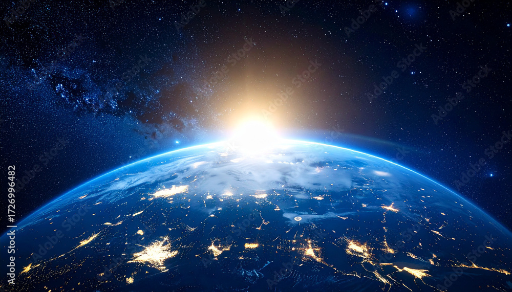Obraz premium Stunning view of Earth from space, showcasing the sun's radiant glow and the planet's atmosphere.