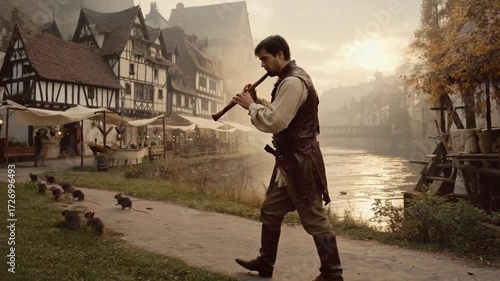 Pied Piper of Hamelin playing the flute and guiding the rats.