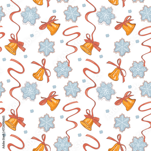 A Christmas pattern featuring snowflakes, bows, ribbons and jingle bells. A winter background with New Year symbols. Suitable for banners, backdrops, packaging, cards, fabric, and textiles.