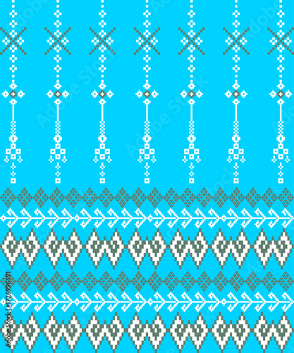 Traditional pixel geometric tribal textile pattern with blue background, cultural embroidery inspired symmetrical decorative woven design
