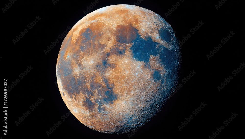 Obraz premium A close-up view of the moon's surface, showcasing a variety of earthy tones and crater formations against a dark backdrop.