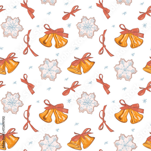 A Christmas pattern featuring snowflakes, bows, ribbons and jingle bells. A winter background with New Year symbols. Suitable for banners, backdrops, packaging, cards, fabric, and textiles.
