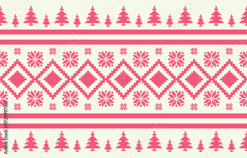 Seamless Christmas pixel pattern vector in retro 8-bit style, featuring festive holiday motifs. Perfect for Christmas wrapping paper, sweaters, greeting cards, backgrounds, and textile design.