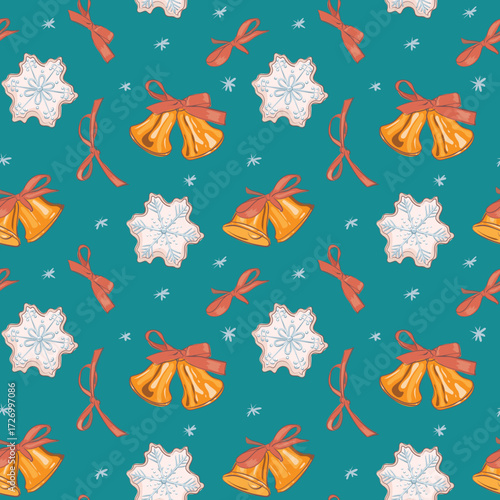 A Christmas pattern featuring snowflakes, bows, ribbons and jingle bells. A winter background with New Year symbols. Suitable for banners, backdrops, packaging, cards, fabric, and textiles.