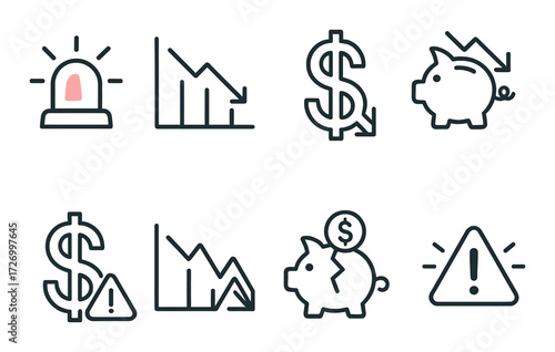 Financial crisis icons: decline, dollar, piggy bank, alert symbols in gray tones