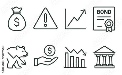 Financial market icons: bear market, bonds, investments, risk, banking trends