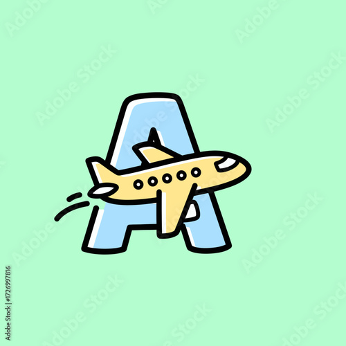 An illustration of a yellow airplane flying through the letter A against a light green background.