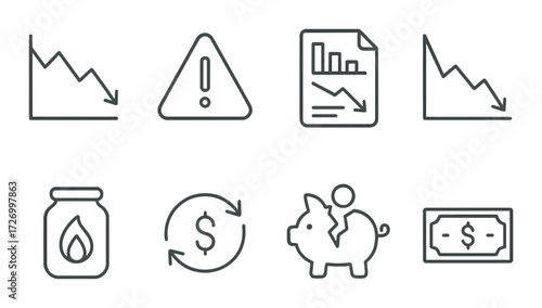 Financial crisis icons: decline, caution, report, inflation, savings, currency, investment, loss