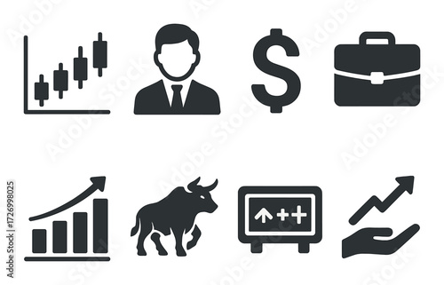Financial icons set: market trends, analytics, investments, business growth, profit
