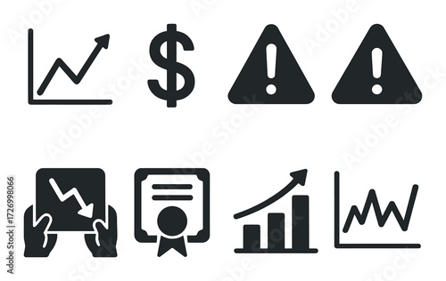 Black metallic financial and warning icons set on dark background