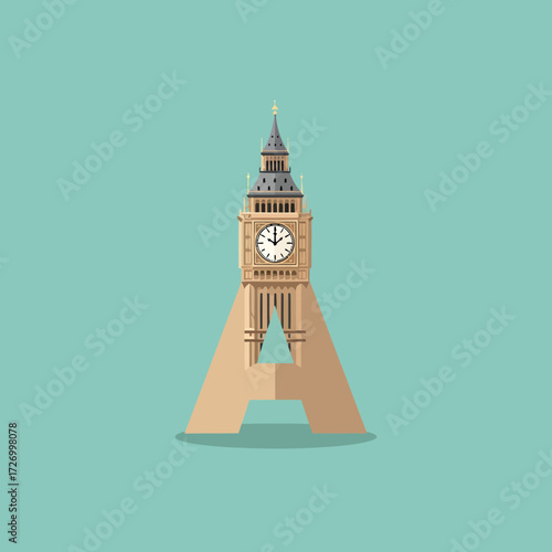 A creative vector illustration of the letter A integrated with the iconic Big Ben clock tower from London on a teal background.