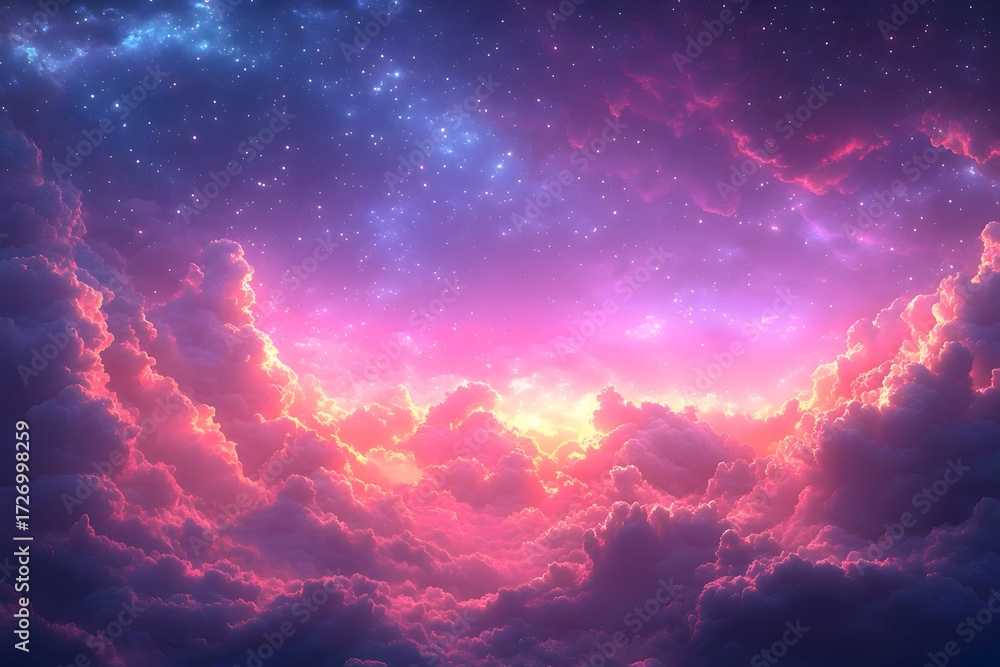 Fototapeta premium A dreamy sky with pink and purple clouds illuminated by a soft golden light and stars above