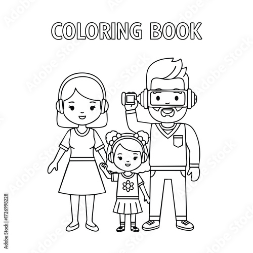 A family engaged in a fun activity together, showcasing creativity and imagination with a coloring book theme.