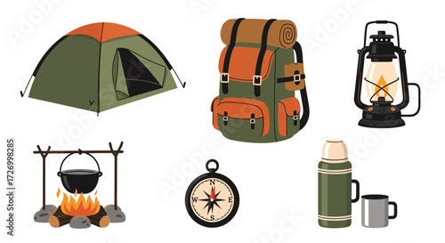 Camping gear illustration showcasing essentials like a tent, backpack, lantern, campfire, compass, thermos, and mug, perfect for outdoor adventures and travel preparation