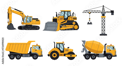 Collection of Construction Vehicles and Equipment Excavator, Bulldozer, Crane, Dump Truck, Tractor, Concrete Mixer. Ideal for Design Projects and Presentations