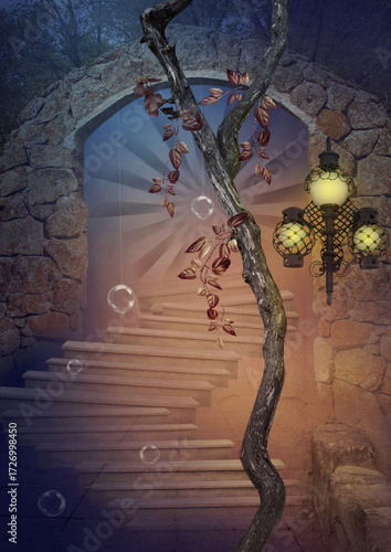 Night fantasy. Tree trunk with branches of autumn leaves illuminated by lantern against the background of arch. Digital art.