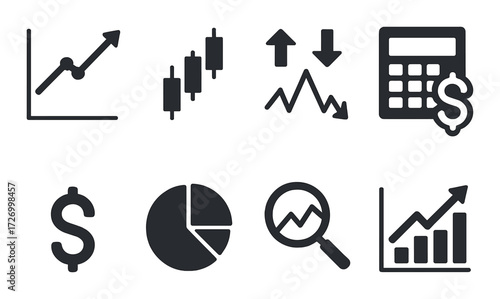 Black background financial icons set: graphs, calculator, dollar sign, chart, analysis