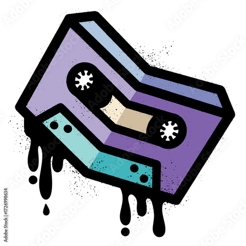 Broken audio cassette graffiti with dripping black spray