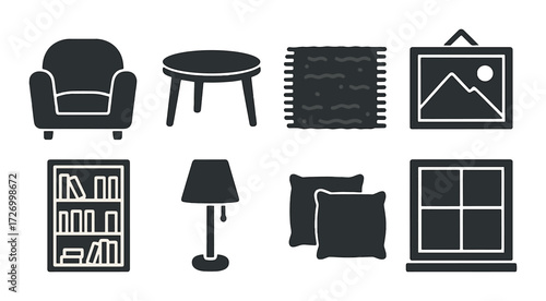 Collection of monochrome furniture and decor icons on gray background