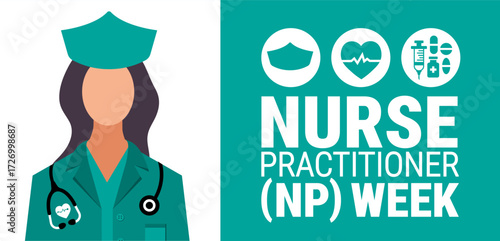 Nurse Practitioner NP Week background, banner, card or poster design template is observed every year during November, to raise awareness about the mission. Vector illustration.