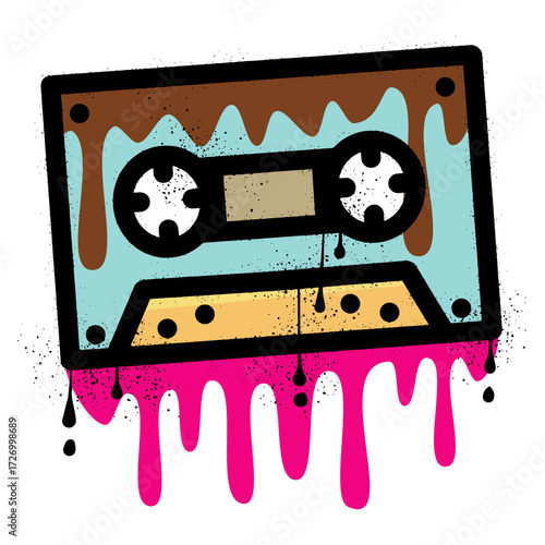 Graffiti spray paint audio cassette with brown and pink glaze drops