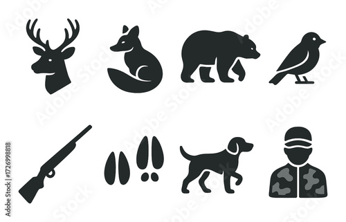 Silhouette icons of hunting and wildlife: deer, fox, bear, bird, rifle, tracks, dog, hunter