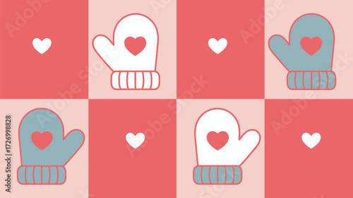Pattern of mittens with hearts on pink and red squares in a grid like arrangement on a light background