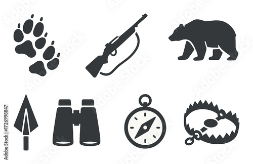 Hunting equipment icons: rifle, bear, compass, binoculars, trap